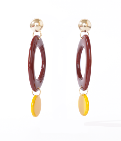 Brinco penduricalho dourado, bordô e amarelo