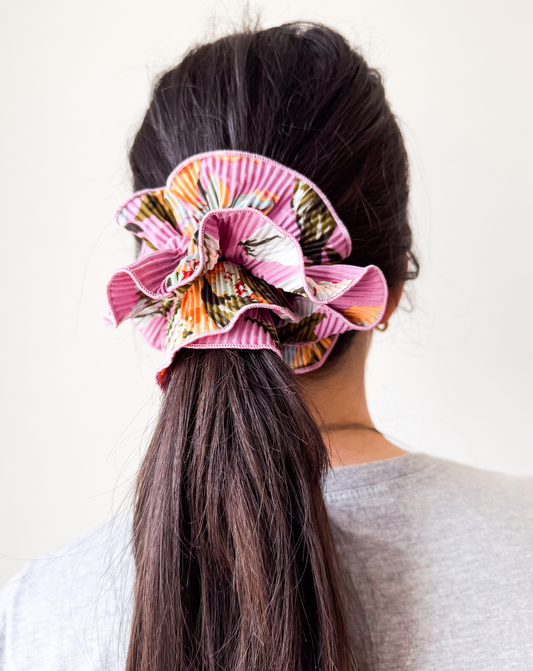 Elástico de cabelo scrunchie plissado estampado lilás