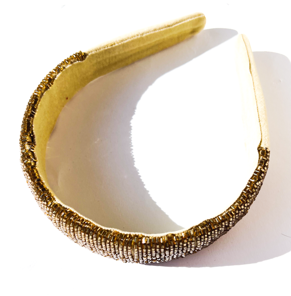 Tiara de cabelo bordada dourada