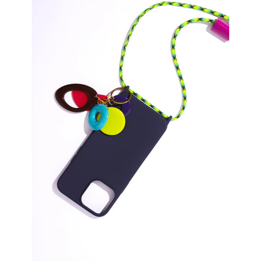 Capinha de celular azul marinho com cordinha verde + chaveiro