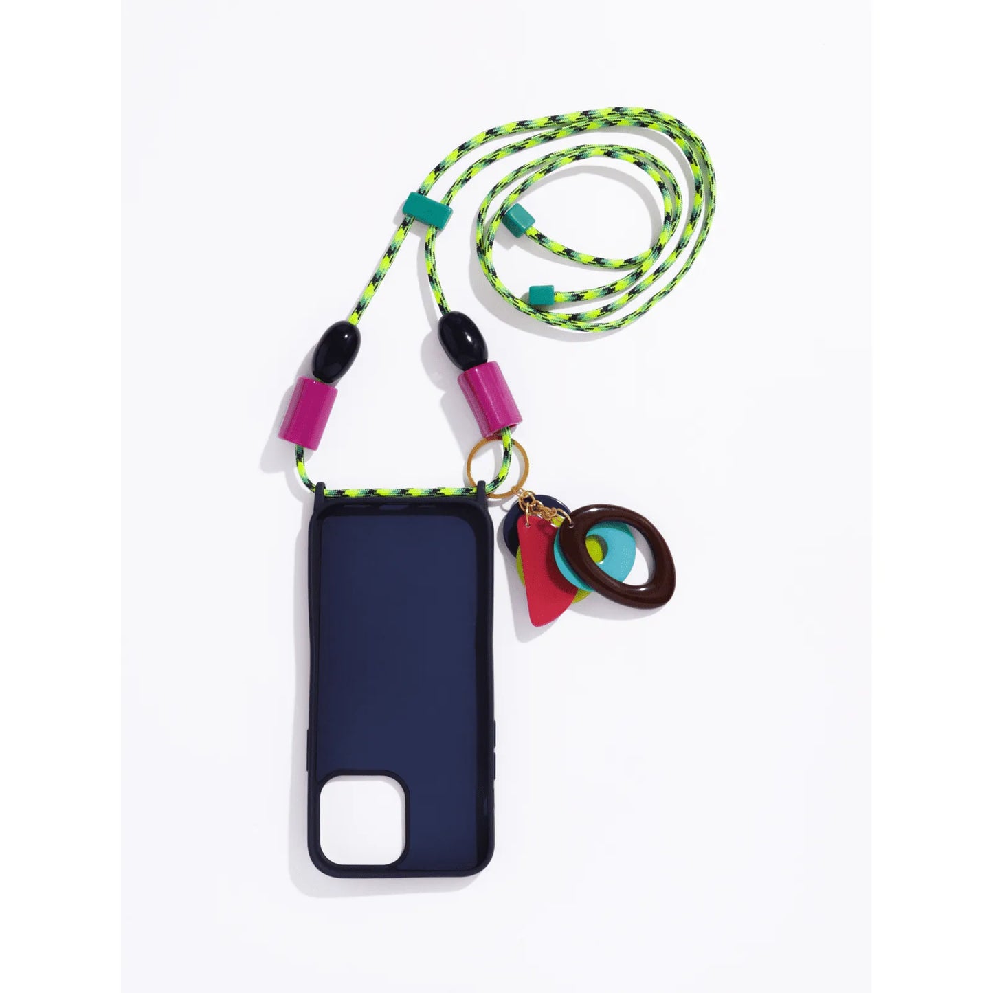 Capinha de celular azul marinho com cordinha verde + chaveiro