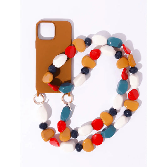 Capinha de celular caramelo com corda de pedras azul, branco e mostarda