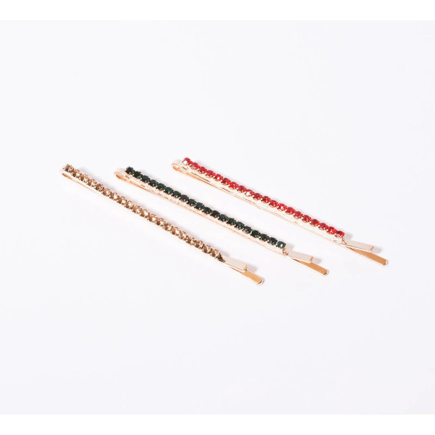 Grampo de cabelo strass vermelho, verde e dourado ( 3 und.)