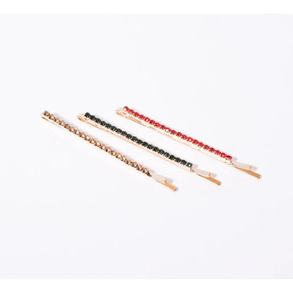 Grampo de cabelo strass vermelho, verde e dourado ( 3 und.)