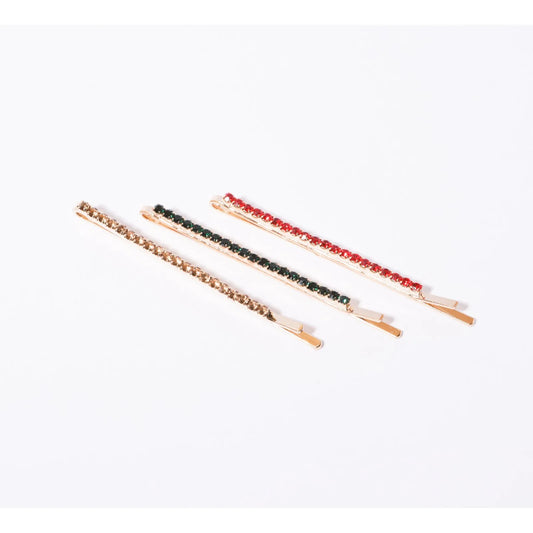 Grampo de cabelo strass vermelho, verde e dourado ( 3 und.)